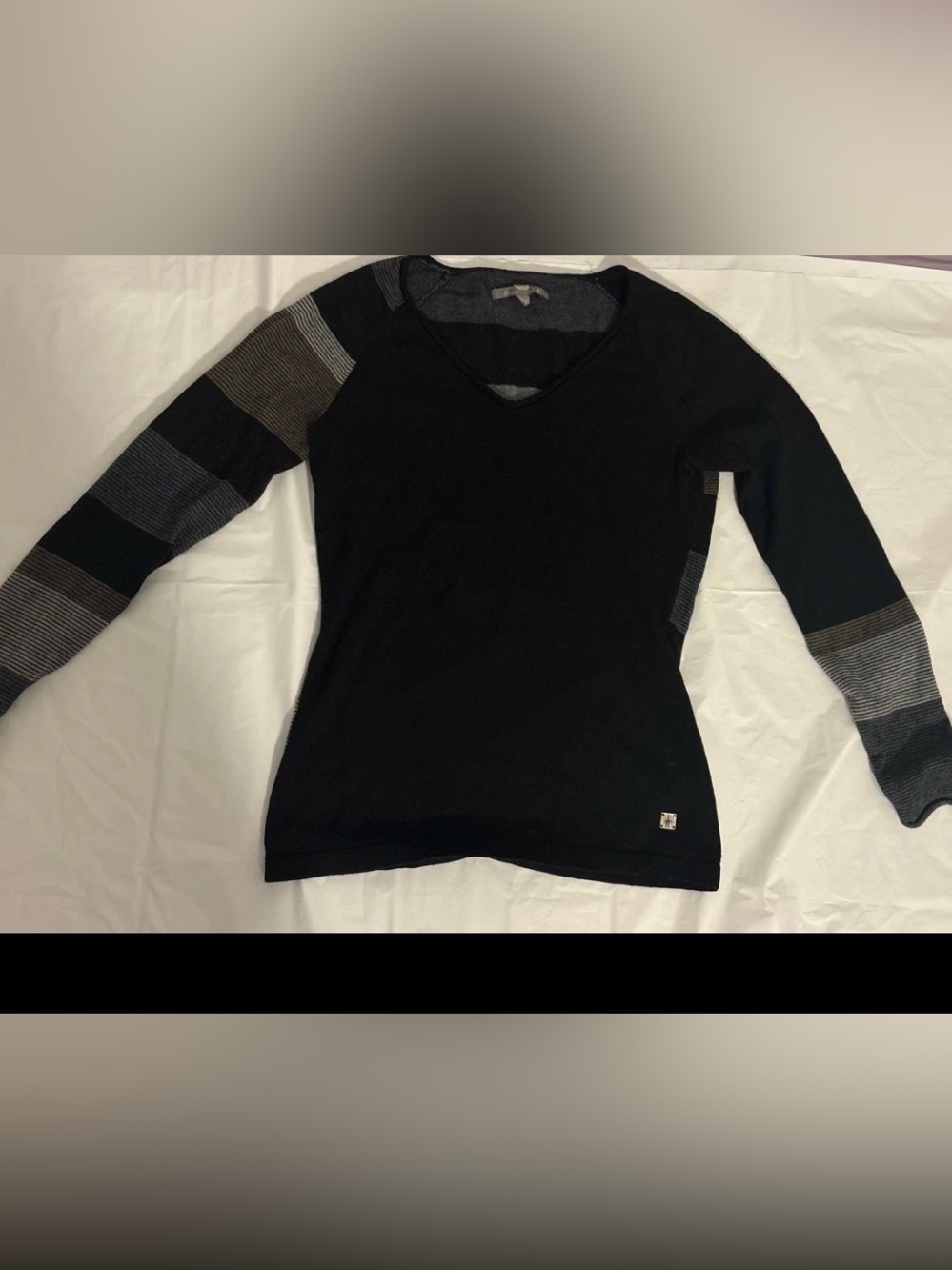 Smartwool Sweater Women's Black Gray Merino Wool Stripe Sleeve V-neck Small